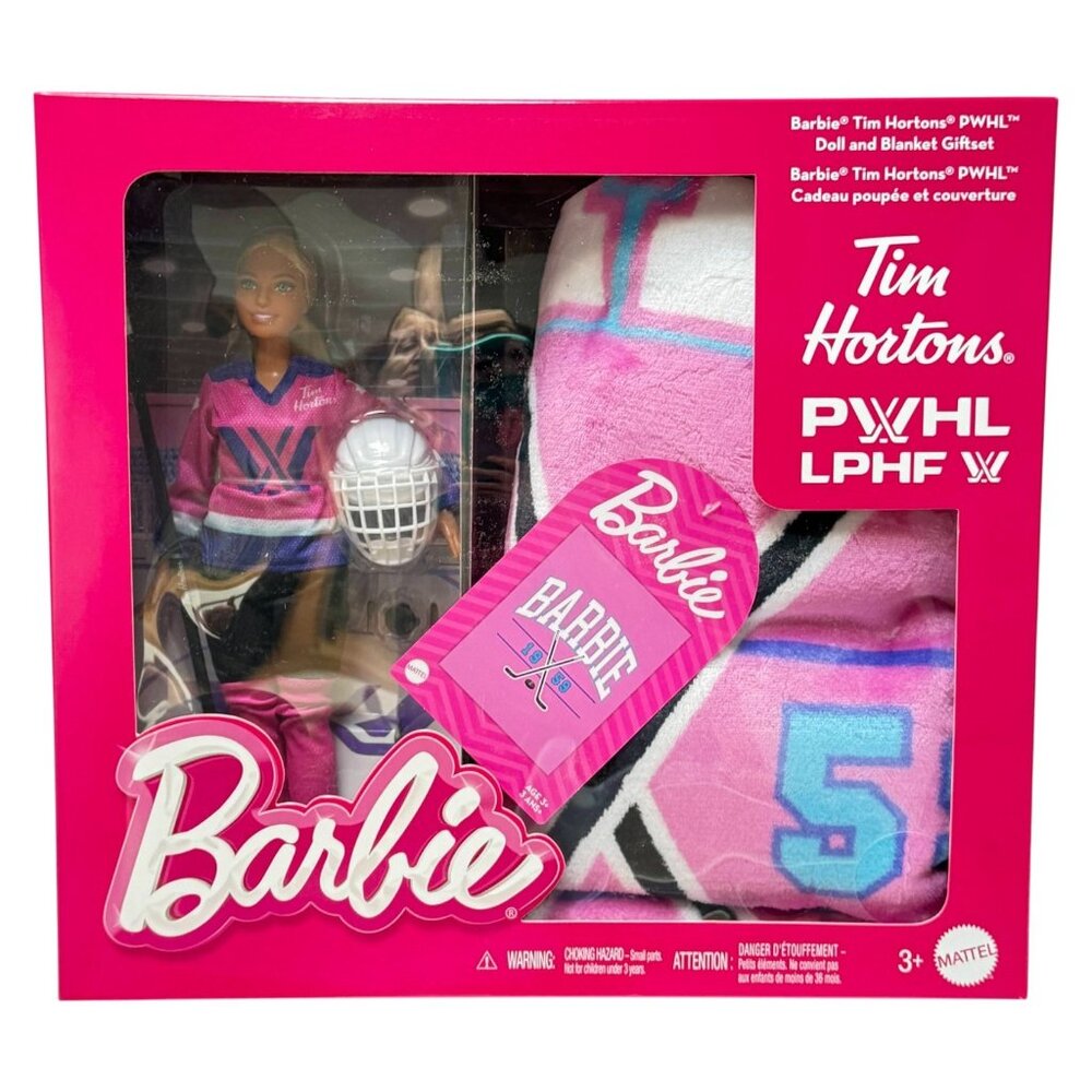 Tim Hortons Box Set PWHL Barbie Hockey Player Doll‎ &  Blanket Blonde New Ltd Ed